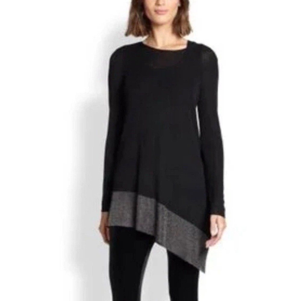 Eileen Fisher Womens‎ Petite M Tunic Top Black Silver Office Minimalist Festive